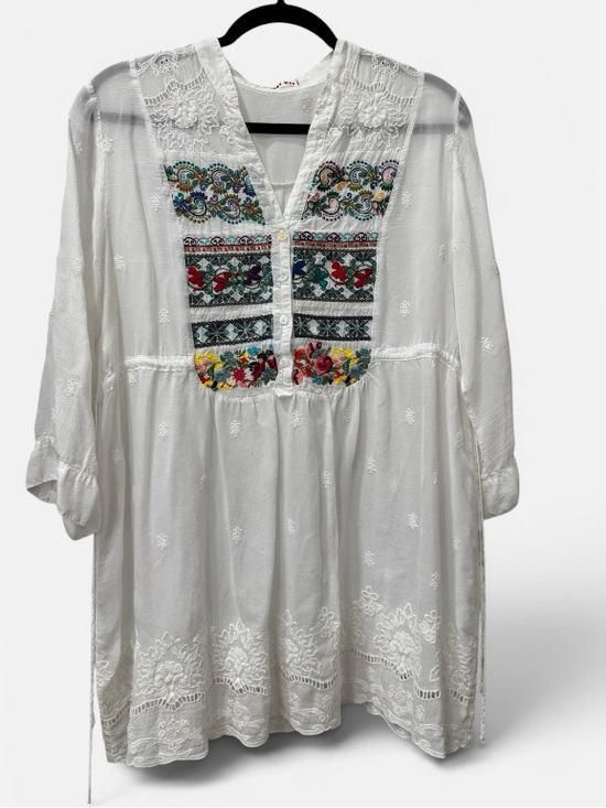Johnny Was Tops - Johnny Was White Embroidered Boho Tunic Blouse Medium Cupra Rayon
